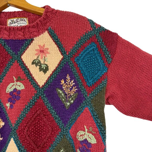 Vtg 90s Heirloom Collectibles Floral Patchwork Knit Sweater Sz Small Embroidered - Picture 6 of 11